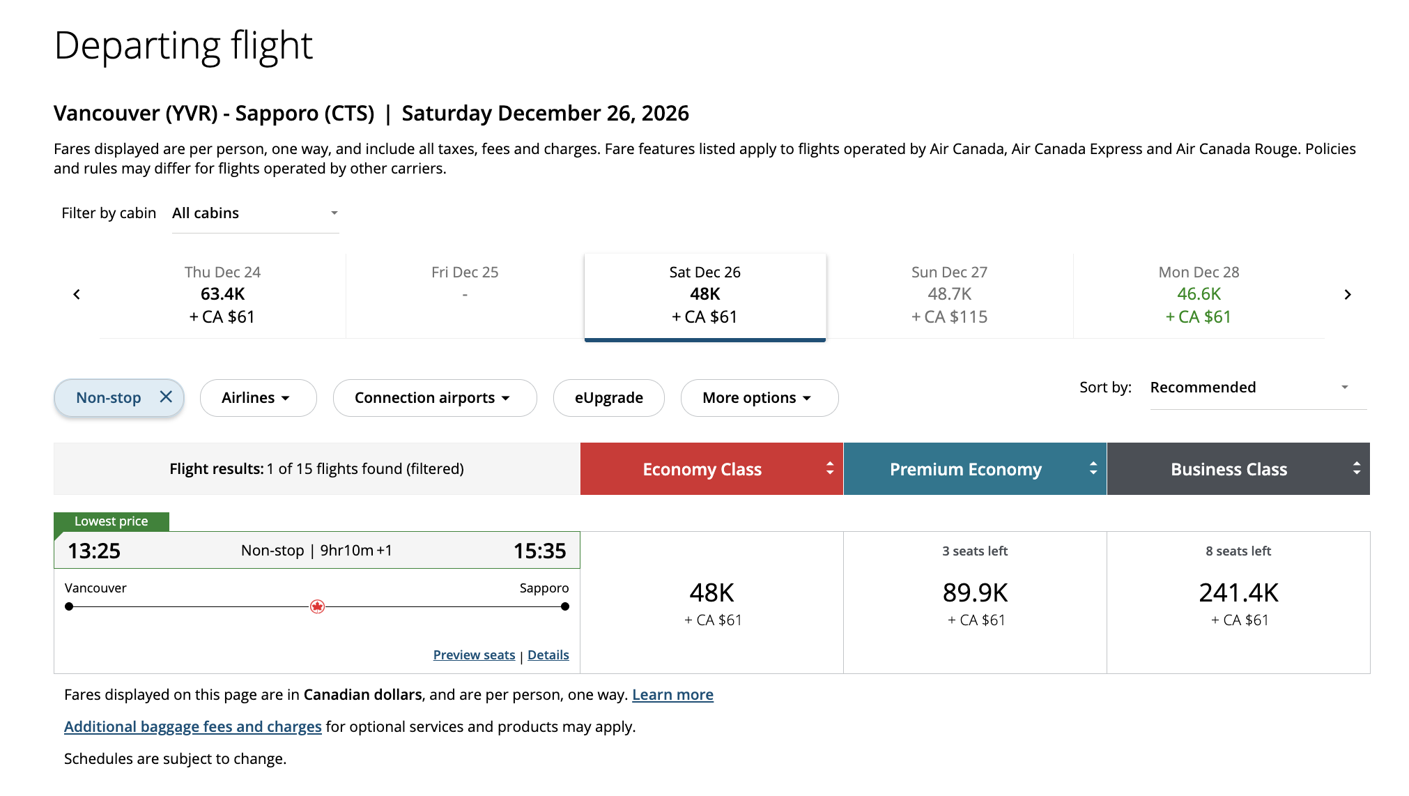 Aeroplan Pricing Check: Every Air Canada YVR to Sapporo Flight We Found (Winter 2026–27)