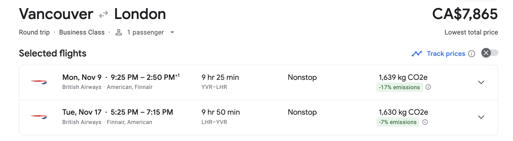 Vancouver to London business class cash comparison