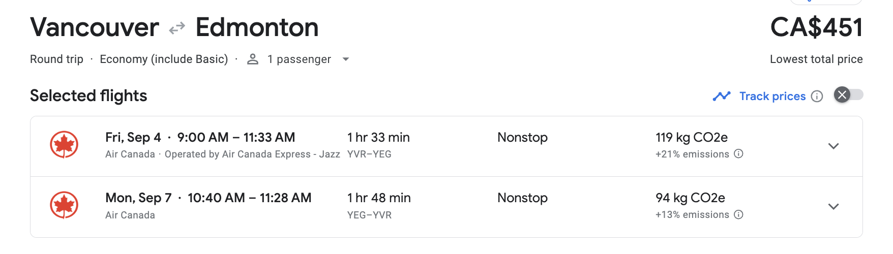 Vancouver to Edmonton cash comparison