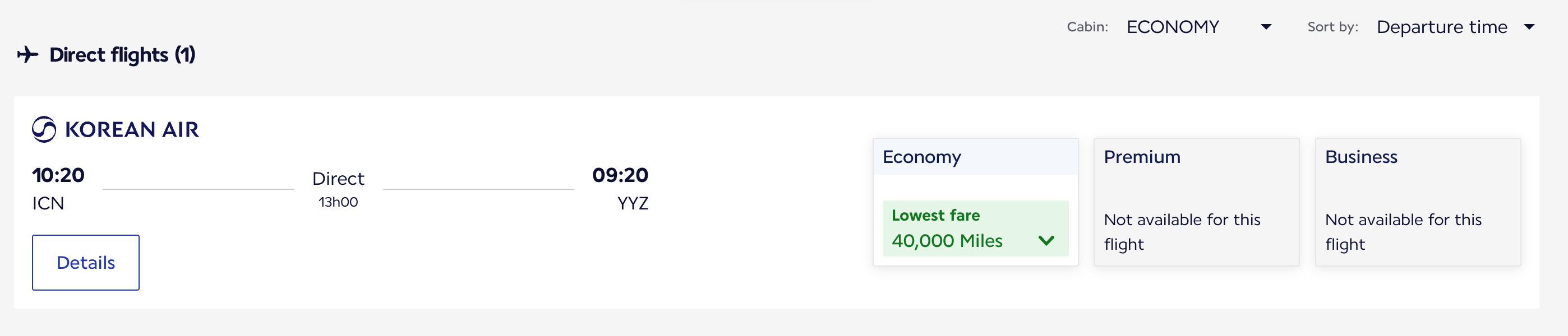 Flying Blue pricing from Toronto to Seoul on Korean Air