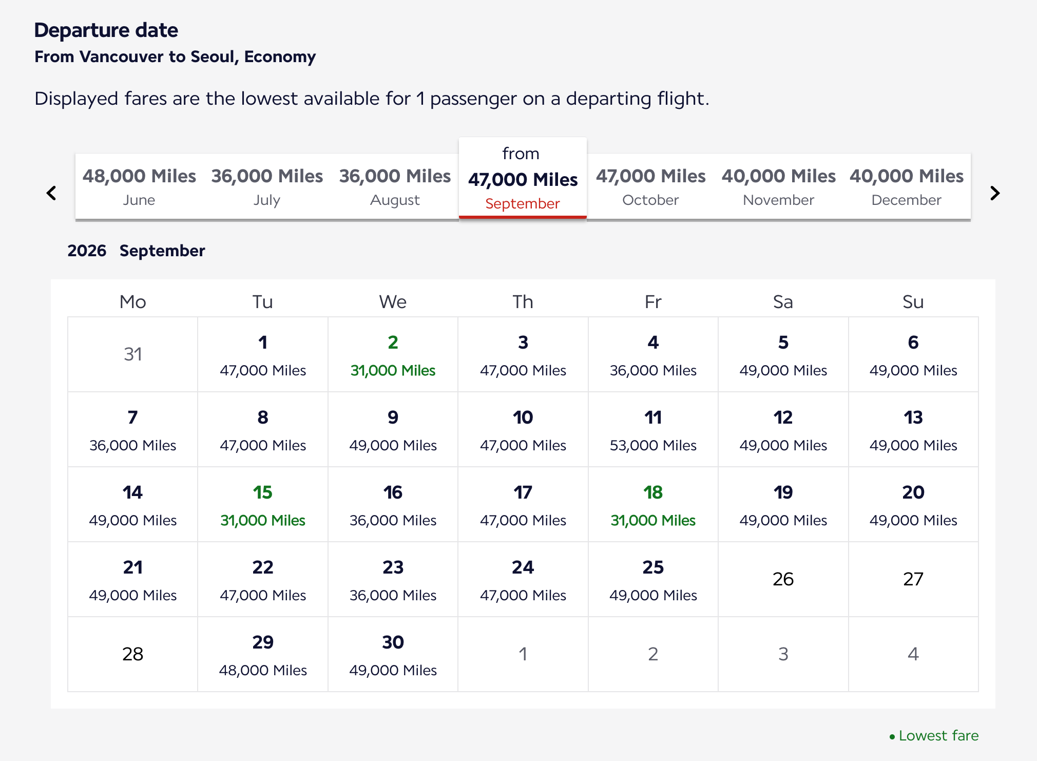 Flying Blue pricing from Vancouver to Seoul on Korean Air