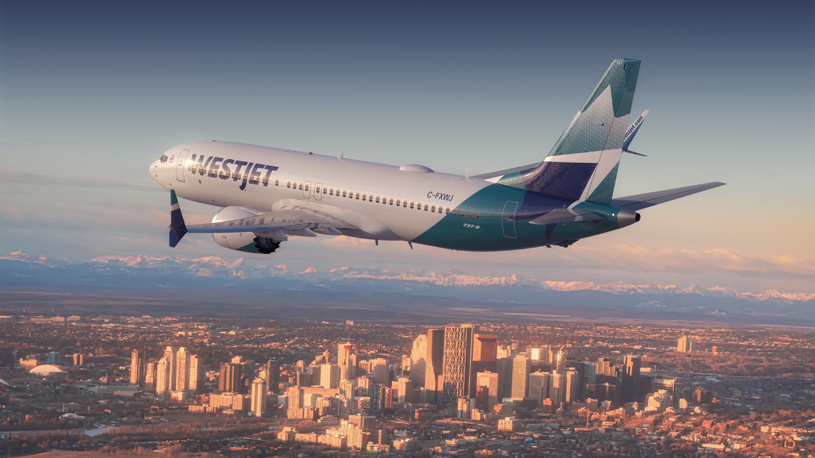 WestJet Boeing 737-8 MAX over Calgary, from WestJet media resources